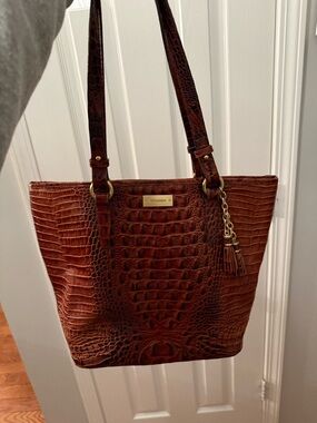 Brahmin Croc-Embossed Leather Tote in Whiskey Brown